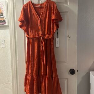 Calvin Klein Orange Button-Front Tie-Waist Maxi Dress